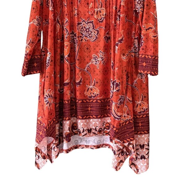 White Mark Floral Tunic Top 1XL 3/4 Sleeve Boho Assymetric Hem Red Orange Womens - Picture 3 of 6